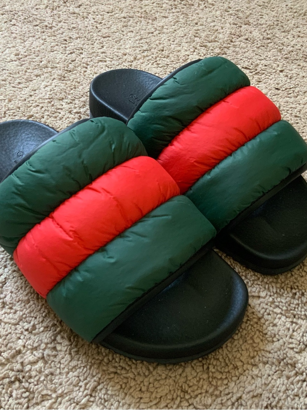Gucci Women’s Gucci Puffer Padded Nylon Black Green Red Web Slides Size 38 - Picture 1 of 9